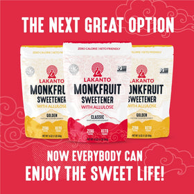 Gluten-free, non-GMO Lakanto badge signals keto compatibility.
