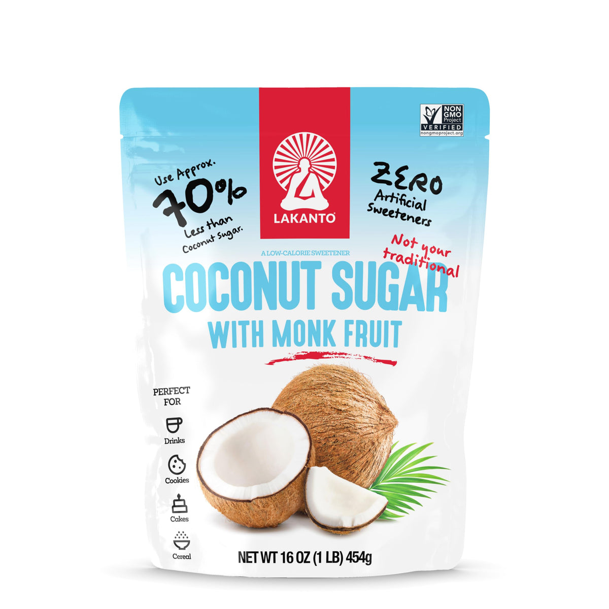 Lakanto coconut sugar with monk fruit packaging for clean-label sweetness.