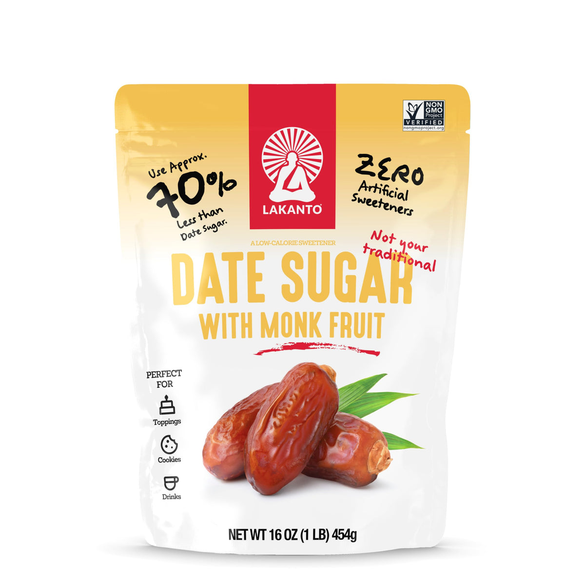 Lakanto Date Sugar bottle for everyday low-sugar sweetening in coffee and dessert.