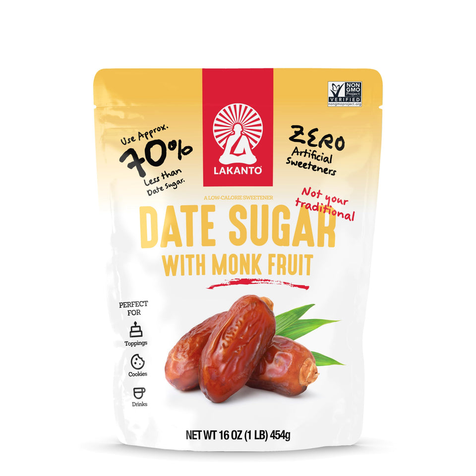 Lakanto Date Sugar bottle for everyday low-sugar sweetening in coffee and dessert.