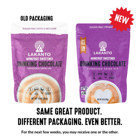Lakanto sugar-free mix dissolving in plant-based milk for dairy-free cocoa.