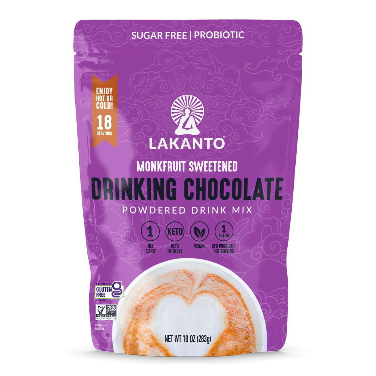 Lakanto Sugar Free Drinking Chocolate original tub on shelf, rich Dutch cocoa aroma.