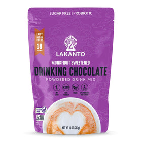 Lakanto Sugar Free Drinking Chocolate original tub on shelf, rich Dutch cocoa aroma.