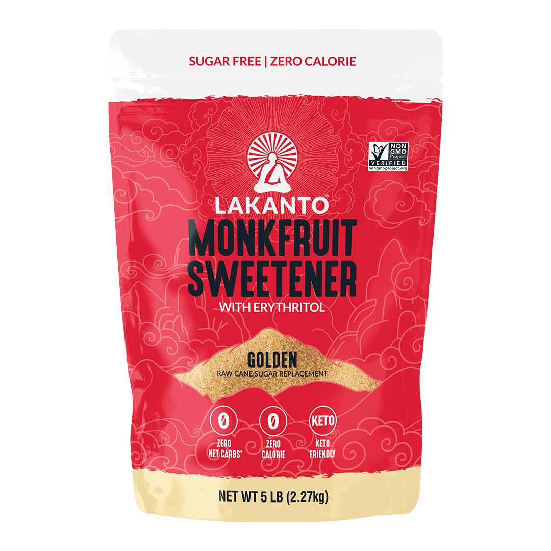 Lakanto Golden Monk Fruit Sweetener jar shown for sugar-free baking and coffee.