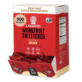 Lakanto Golden Monk Fruit Sweetener packets on the go for quick sweetness.