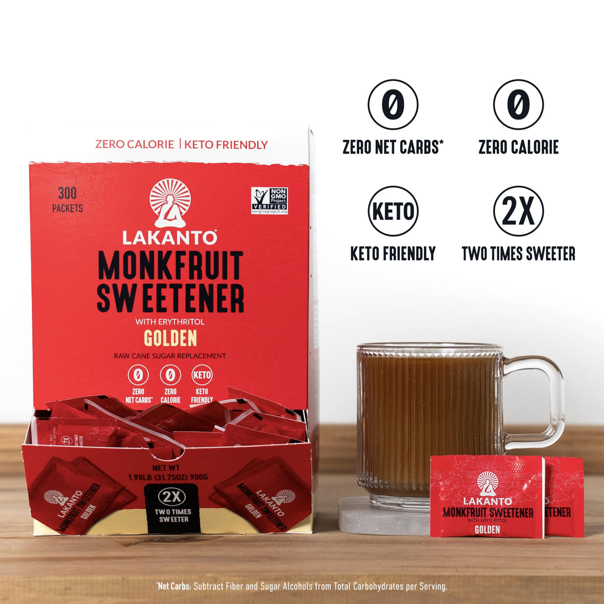 Lakanto Golden Monk Fruit Sweetener sachet in tea for keto-friendly sweetness.