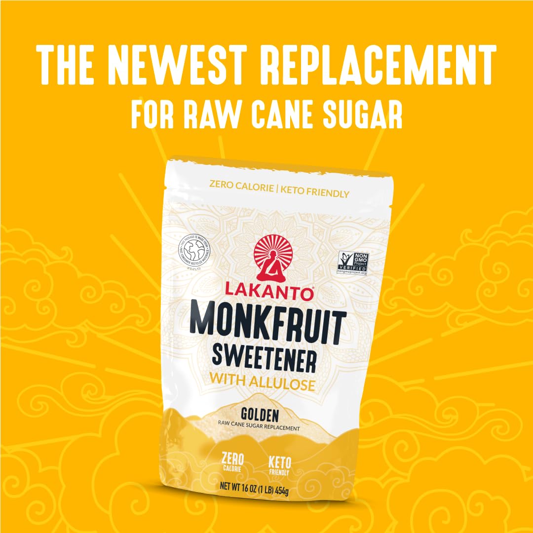 Lakanto Golden Monkfruit presented in a sugar bowl highlighting zero calories