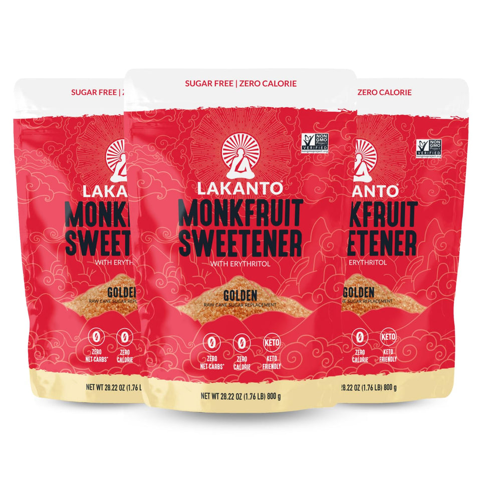 Lakanto Golden Monk Fruit Sweetener bag on counter for sugar-free baking