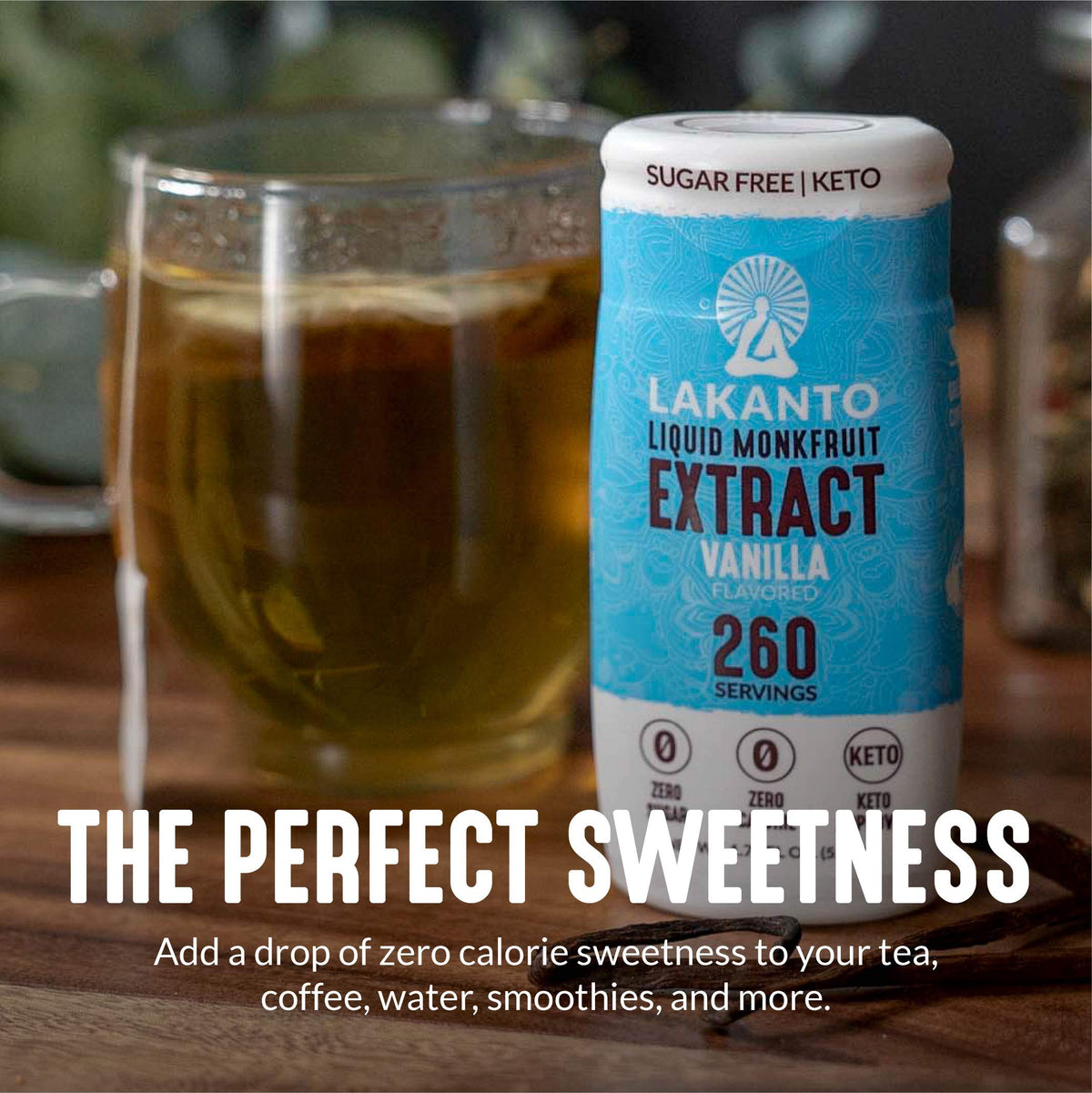 Lakanto liquid monk fruit drops added to coffee for clean sweetness.