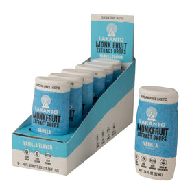 Lakanto liquid monk fruit drops vanilla bottle for beverage sweetness.