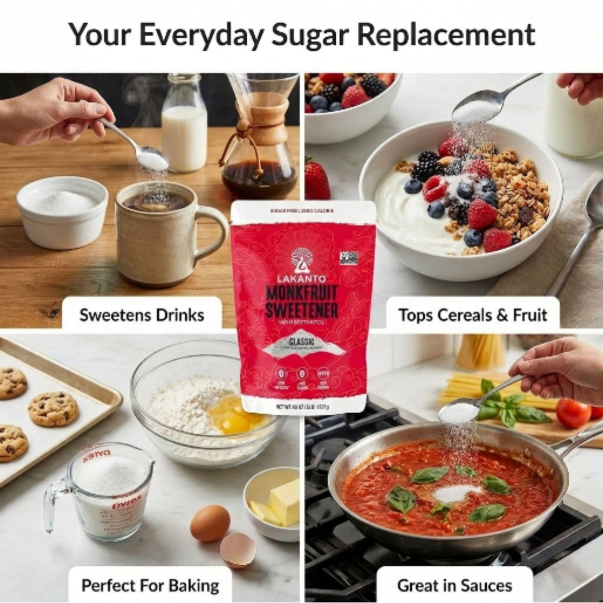Lakanto Monkfruit Sweetener granules—easy to measure for cooking and keto-friendly recipes.