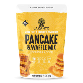 Lakanto pancake and waffle mix bag front showing gluten-free, keto-friendly packaging.