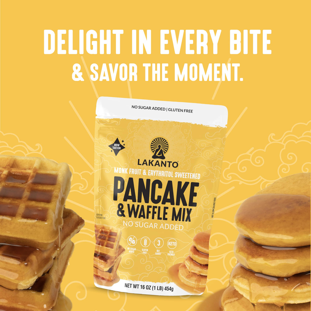 Lakanto pancake mix whisking batter suggests quick morning prep.