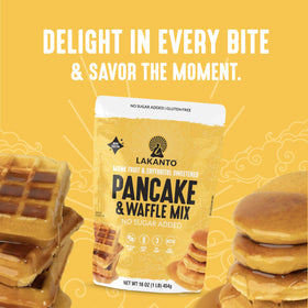 Lakanto pancake mix whisking batter suggests quick morning prep.