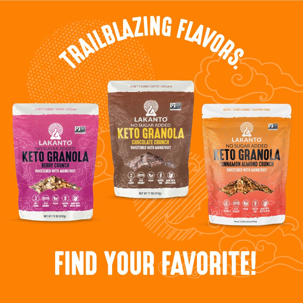 Packaging shot of Lakanto Peanut Butter Crunch Granola highlighting keto-friendly, sugar-free promise.