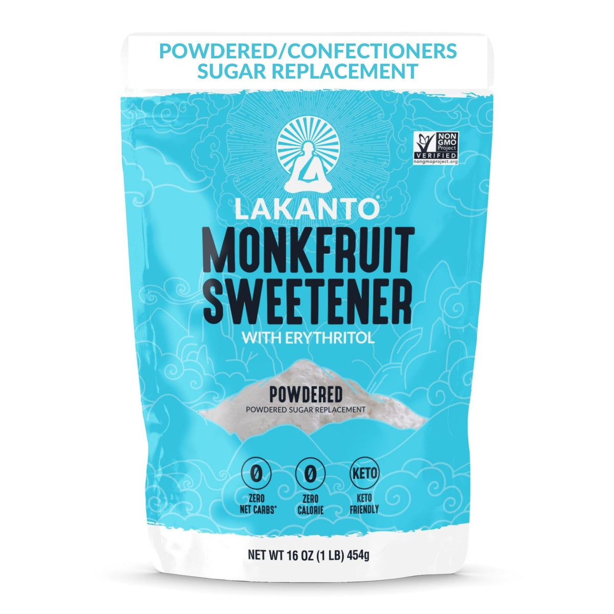 Lakanto Powdered Sweetener bottle pour offers zero-calorie sweetness for drinks.