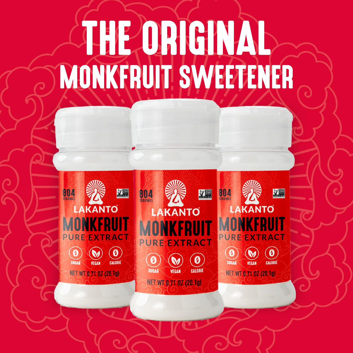 Lakanto Pure Monkfruit powder over dessert, highlighting easy substitution for desserts and jams.