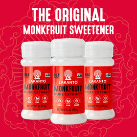 Lakanto Pure Monkfruit powder over dessert, highlighting easy substitution for desserts and jams.
