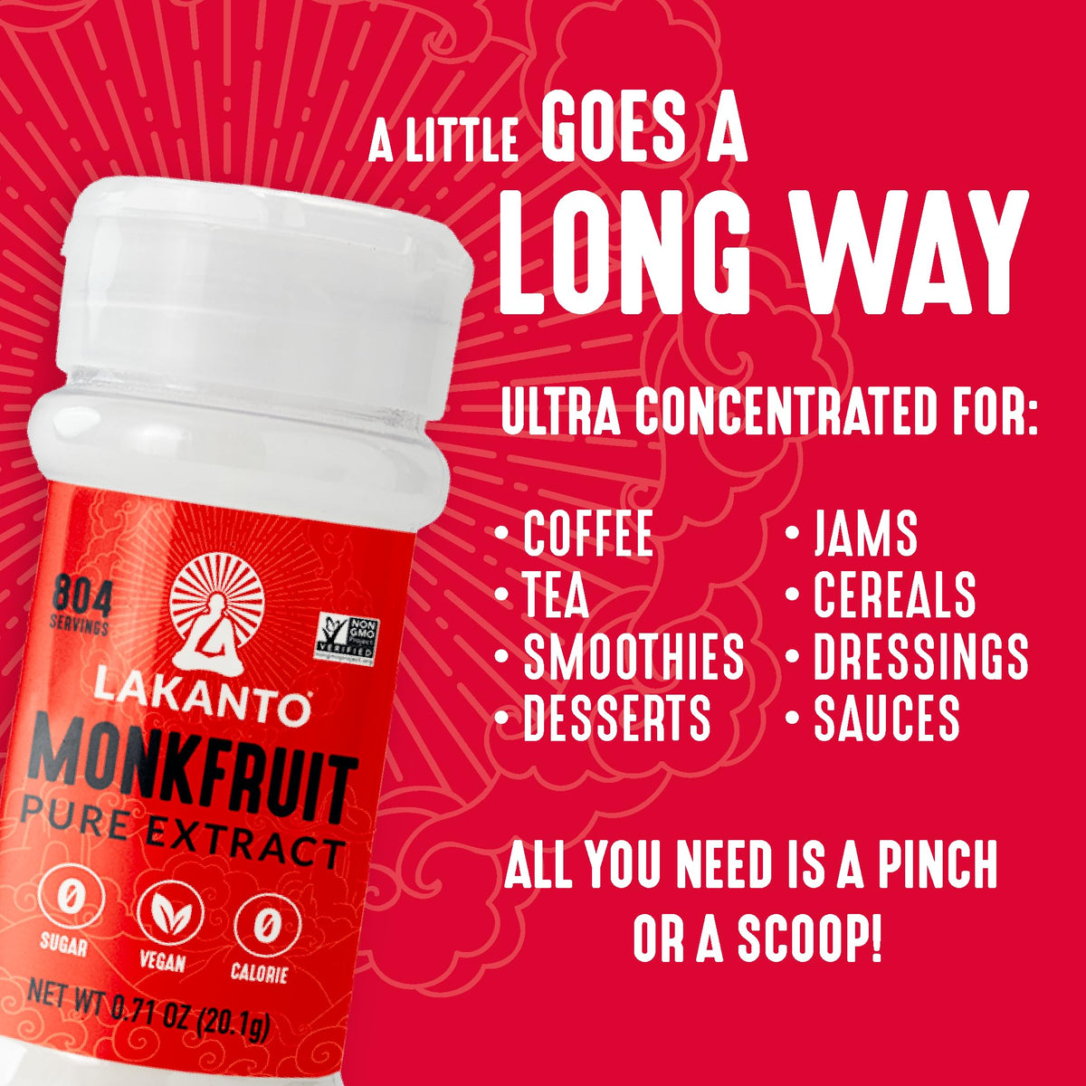 Lakanto Pure Monkfruit powder dispensed with scoop, ideal for precise sweetness in baking and drinks.