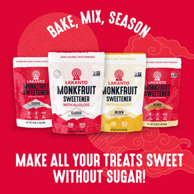 Lakanto Pure Monkfruit powder in tea cup, showcasing versatile, natural sweetness.