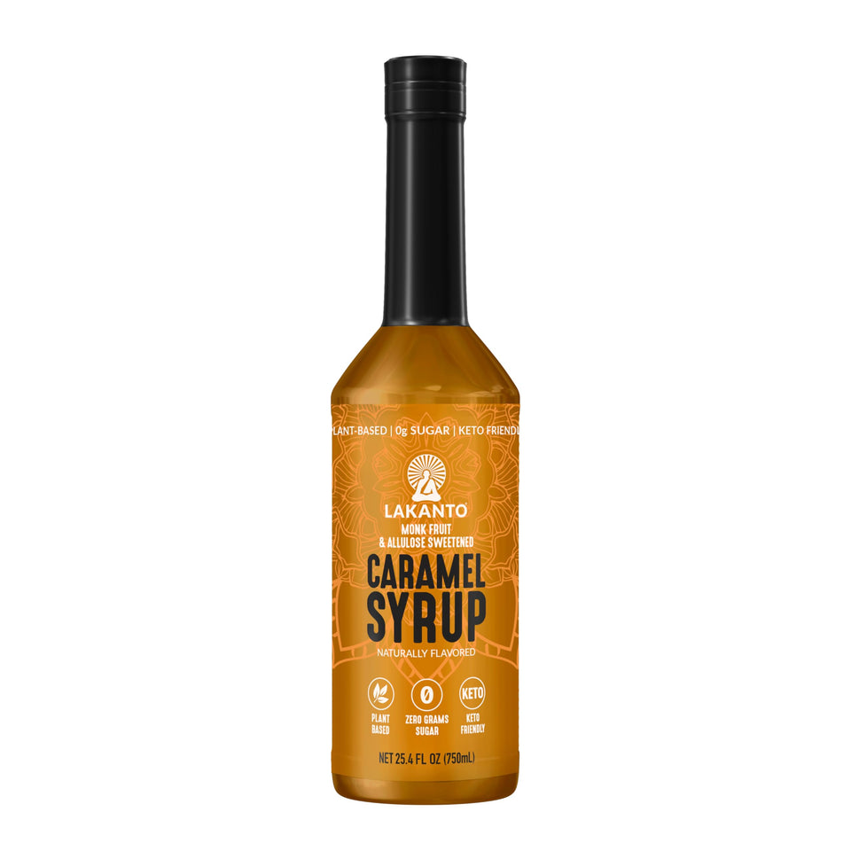Lakanto Simple Syrup caramel bottle pouring for sugar-free sweetness in coffee.