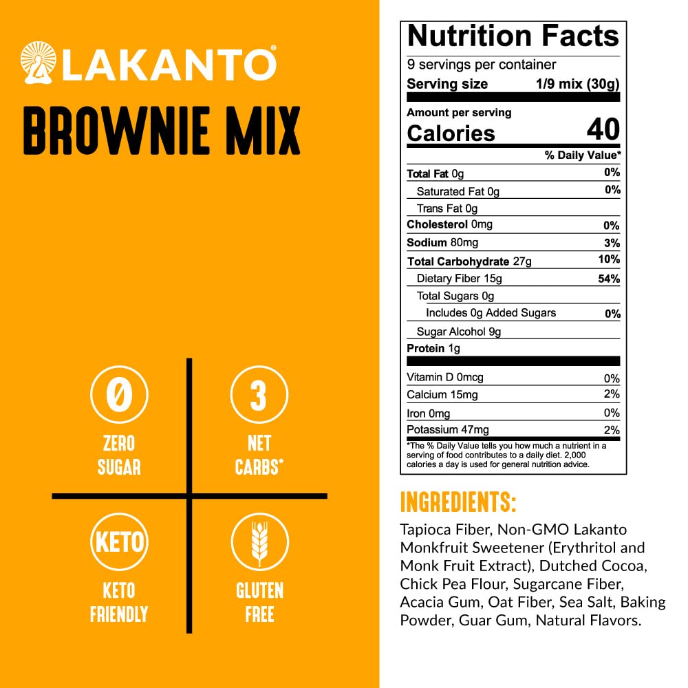 Lakanto Sugar Free Brownie Mix ingredients image highlights monk fruit sweetener and simple pantry items.