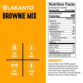 Lakanto Sugar Free Brownie Mix ingredients image highlights monk fruit sweetener and simple pantry items.