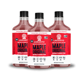 Lakanto sugar free maple syrup bottle pour for keto-friendly pancakes