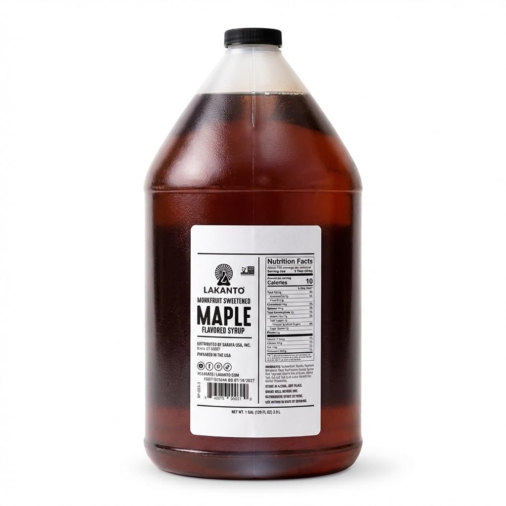 Lakanto sugar-free maple syrup bottle showing rich flavor without sugar, ideal for everyday breakfasts.