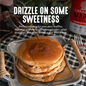 Lakanto sugar free maple syrup on pancakes with rich maple flavor