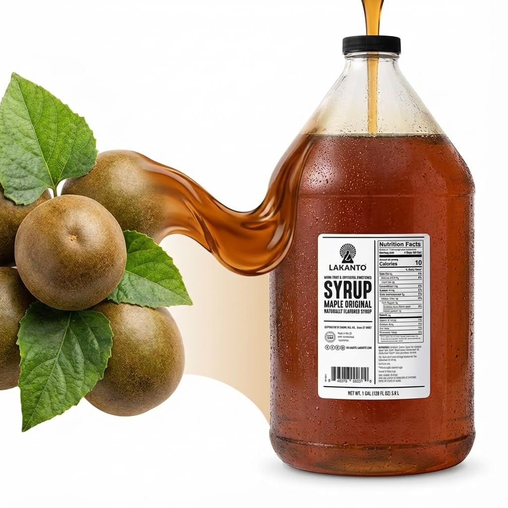 Lakanto syrup on pancakes showcases maple flavor without added sugar.