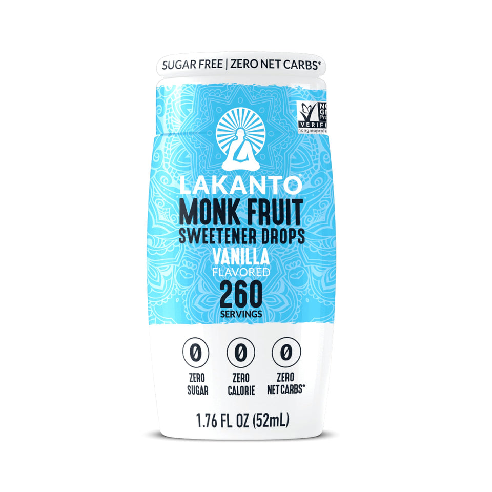 Lakanto Vanilla Monk Fruit Drops bottle for zero-calorie sweetness.