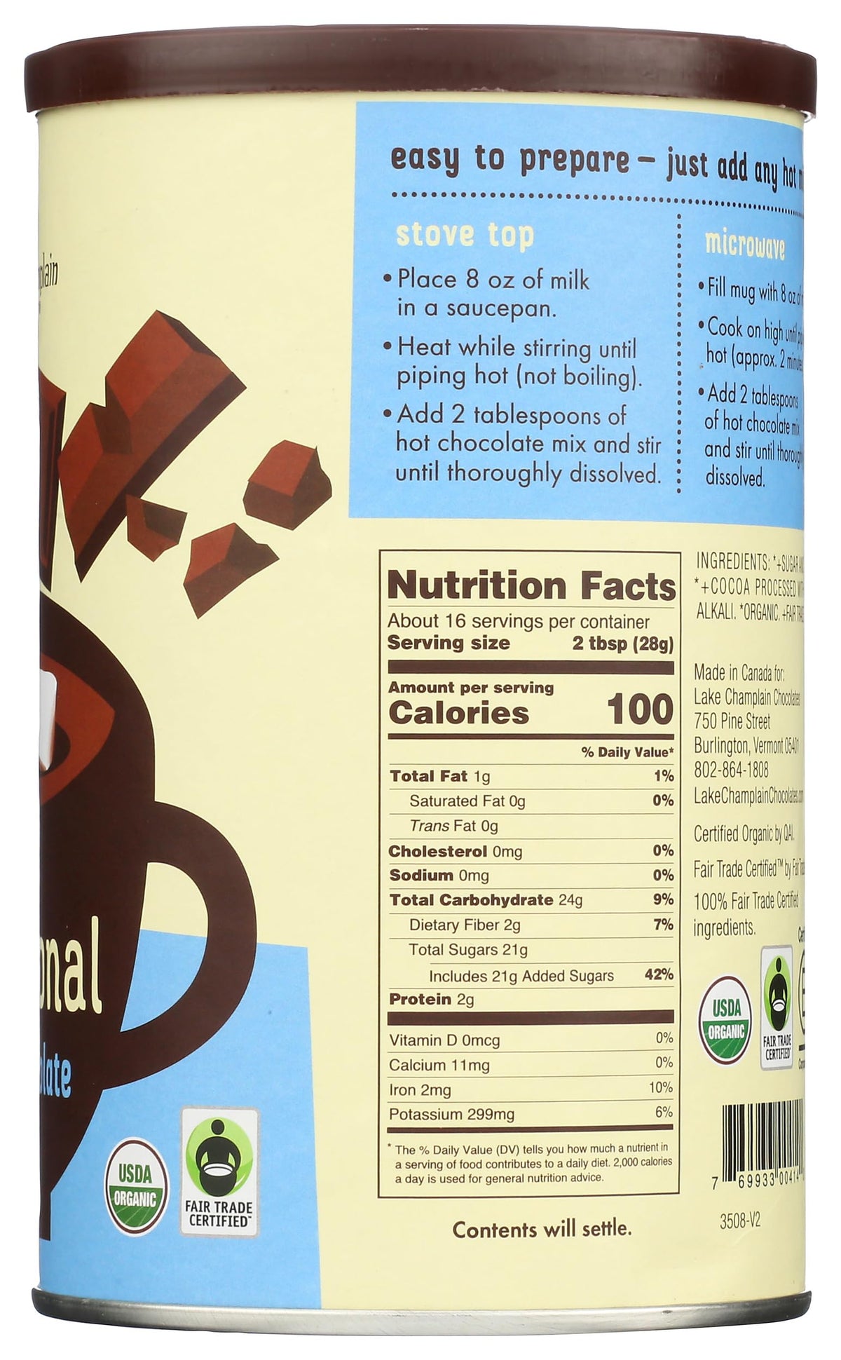 Organic label on Lake Champlain hot chocolate packaging signals natural ingredients.