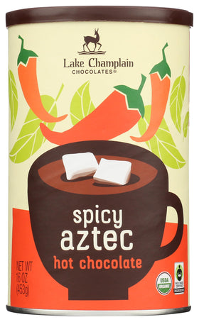 Lake Champlain Chocolates Spicy Aztec hot chocolate packaging shows vibrant label for gifting