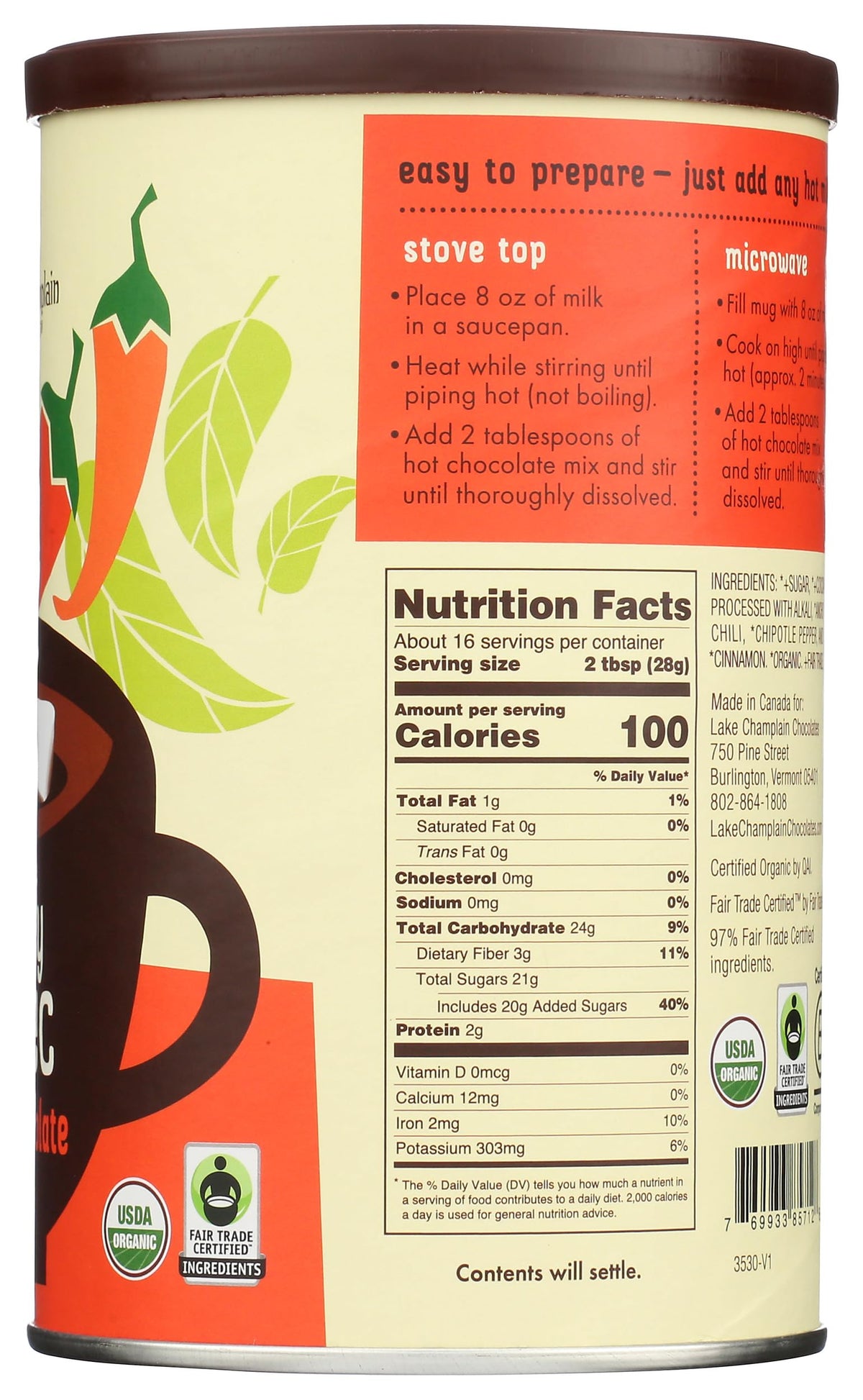 Lake Champlain Chocolates Spicy Aztec hot chocolate vegan label supports dairy-free options