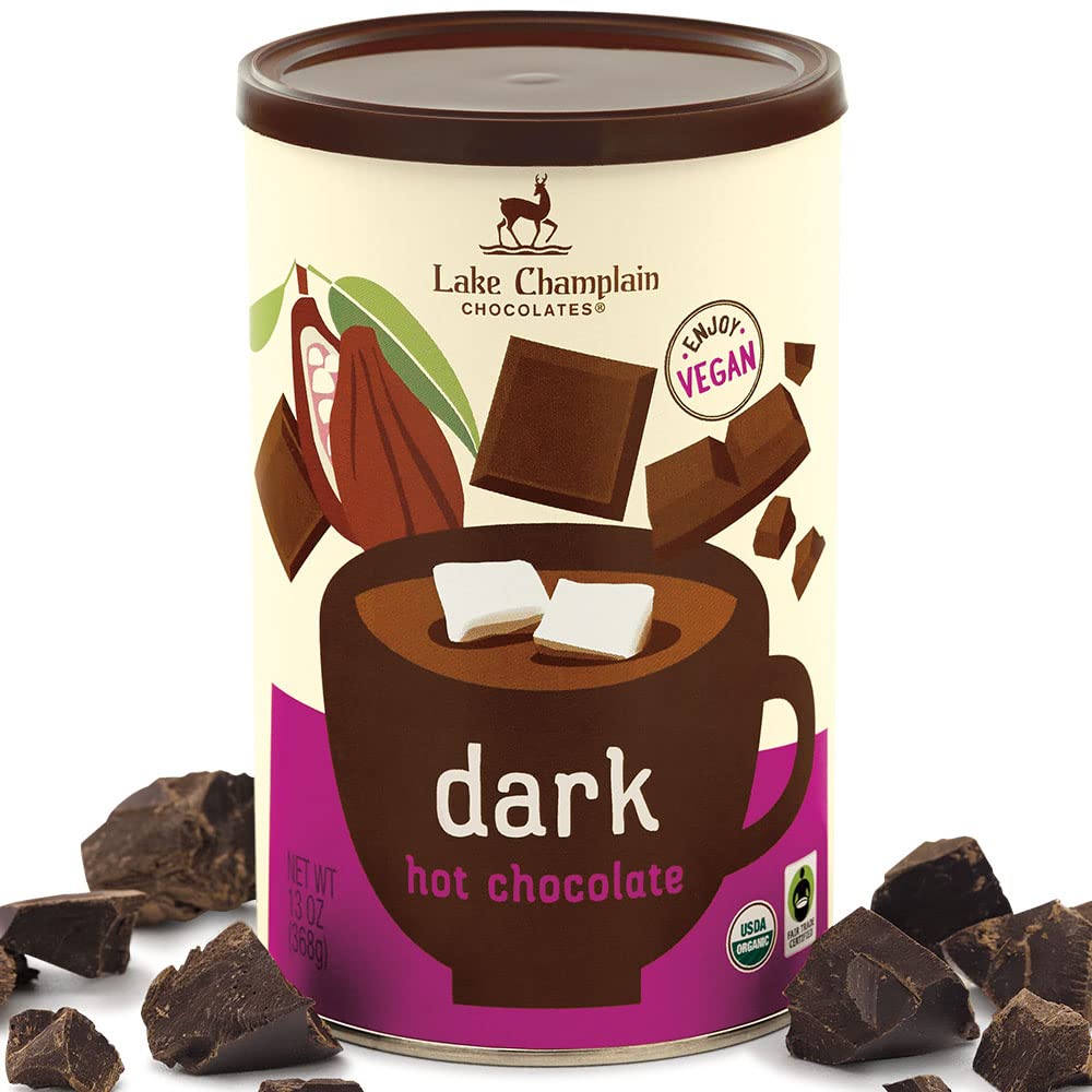 Lake Champlain Organic Vegan Dark Hot Chocolate Mix in bag—rich, easy hot chocolate for cozy evenings
