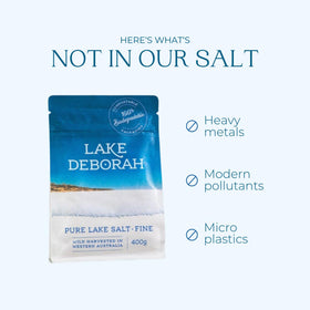Lake Deborah Fine Salt crystals macro shot highlights mineral-rich profile for tastier dishes.