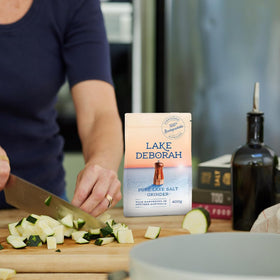 Lake Deborah salt packaging made from 100% compostable materials.