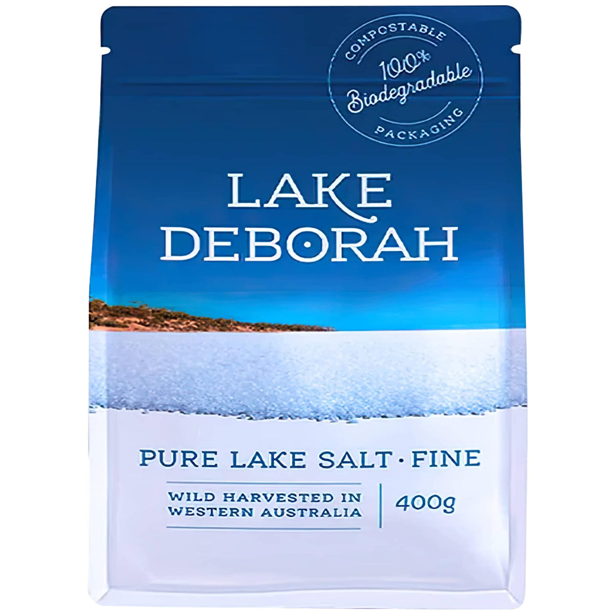 Lake Deborah Salt 14oz bottle closeup shows pure crystals for elevated flavor.