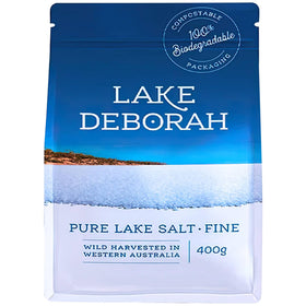 Lake Deborah Salt 14oz bottle closeup shows pure crystals for elevated flavor.