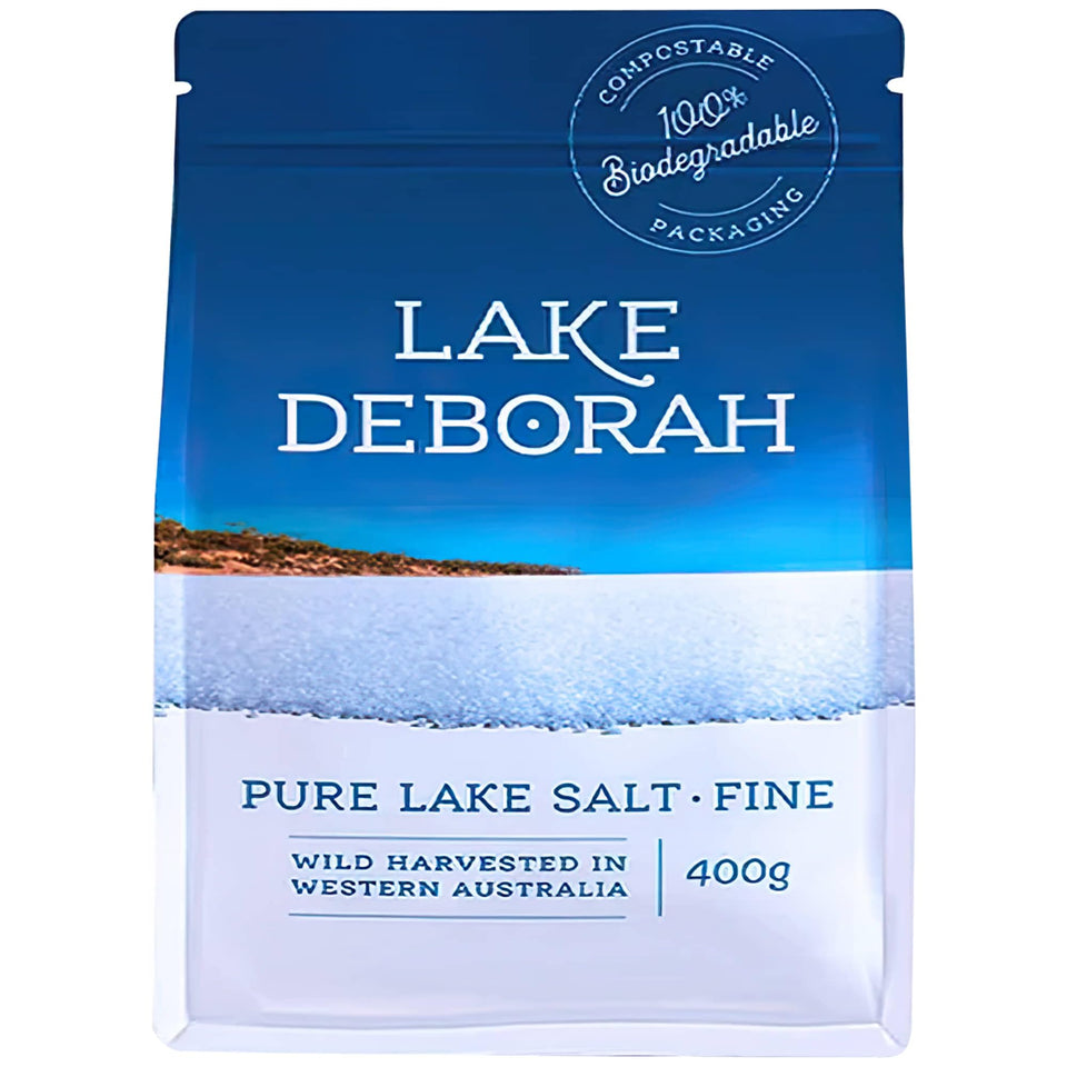 Lake Deborah Salt 14oz bottle closeup shows pure crystals for elevated flavor.