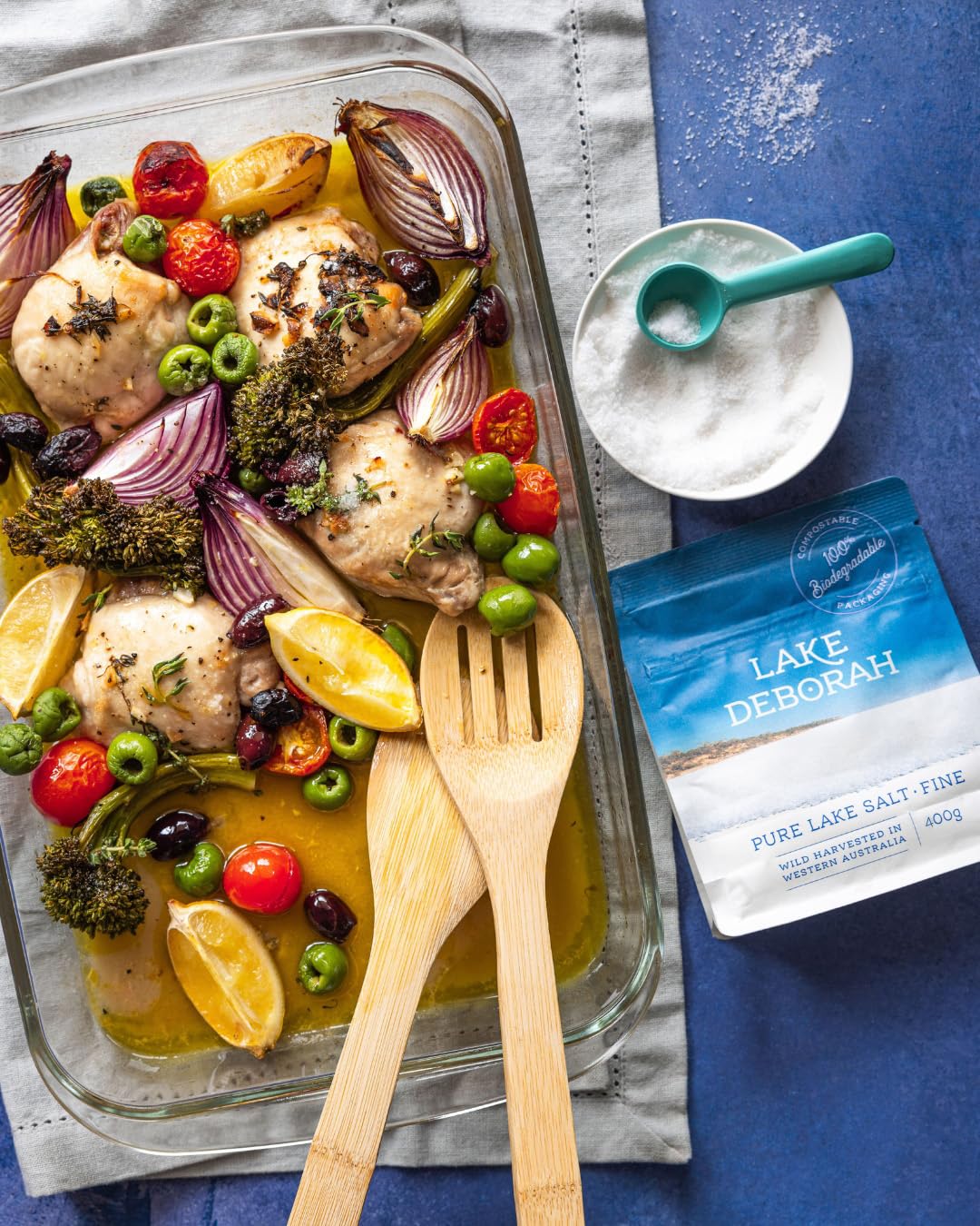 Lake Deborah salt in a skillet demonstrates seasoning with less salt for cleaner taste.