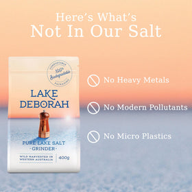 Lake Deborah salt grinder dispensing over a dish for flavor.