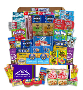 The LakeHouse 56-count college snack box close-up showing diverse dorm snacks.