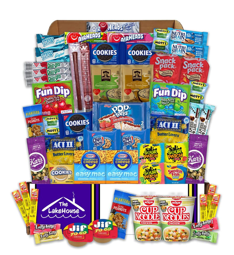 The LakeHouse 56-count college snack box close-up showing diverse dorm snacks.