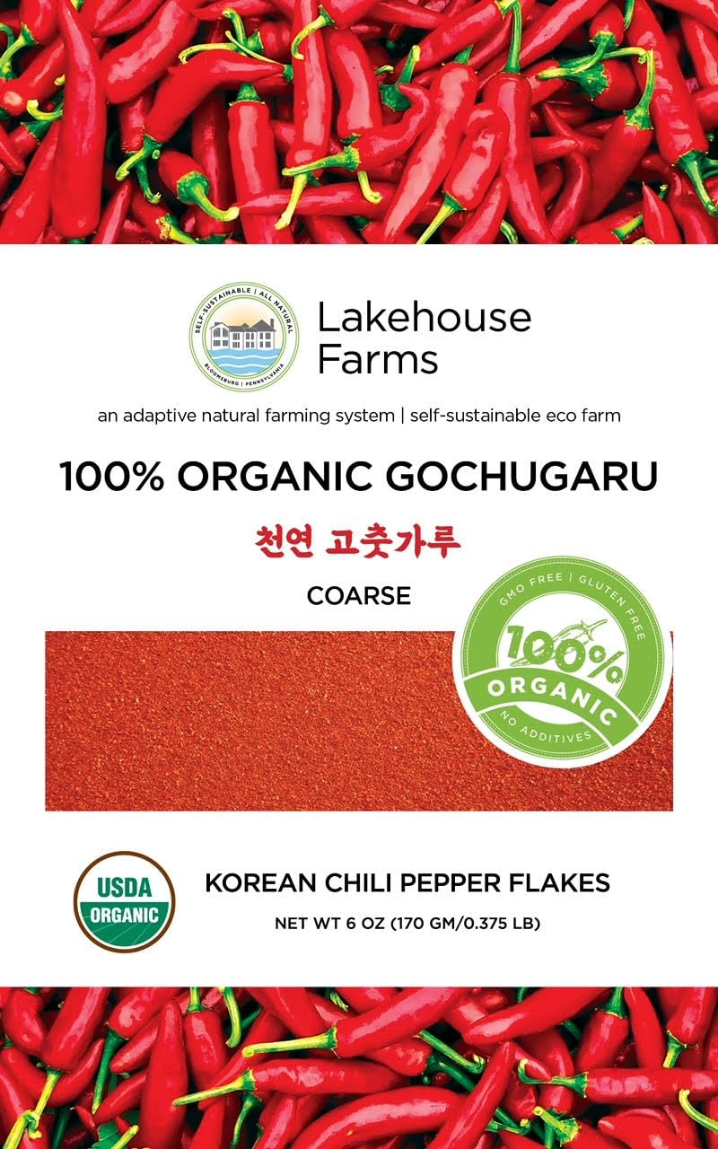 Lakehouse Farms Gochugaru coarse flakes in a jar add bold heat to meals.