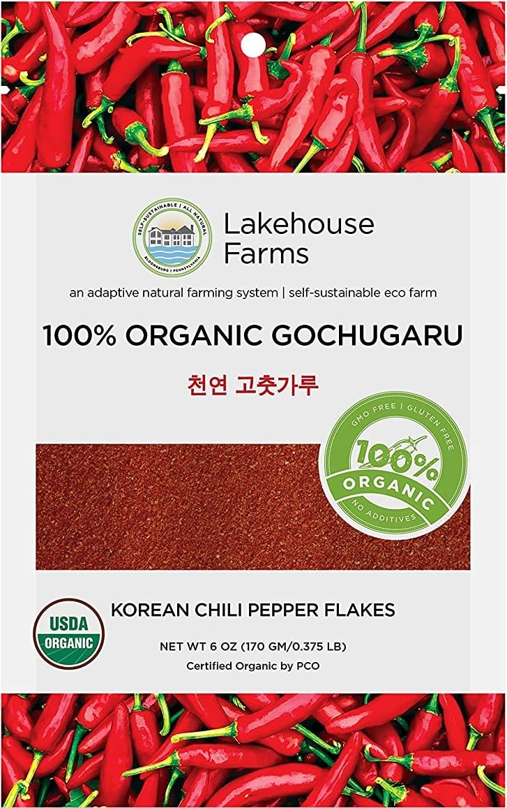 Lakehouse Farms Gochugaru fine bottle shows premium organic pepper flakes for easy seasoning.