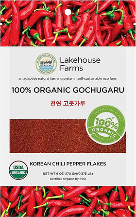Lakehouse Farms Gochugaru fine bottle shows premium organic pepper flakes for easy seasoning.