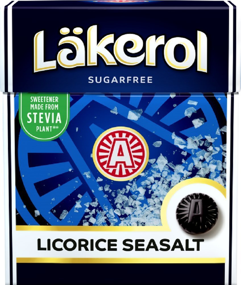 Läkerol Licorice Seasalt pastilles with Stevia for a sugar-free, refreshing flavor.