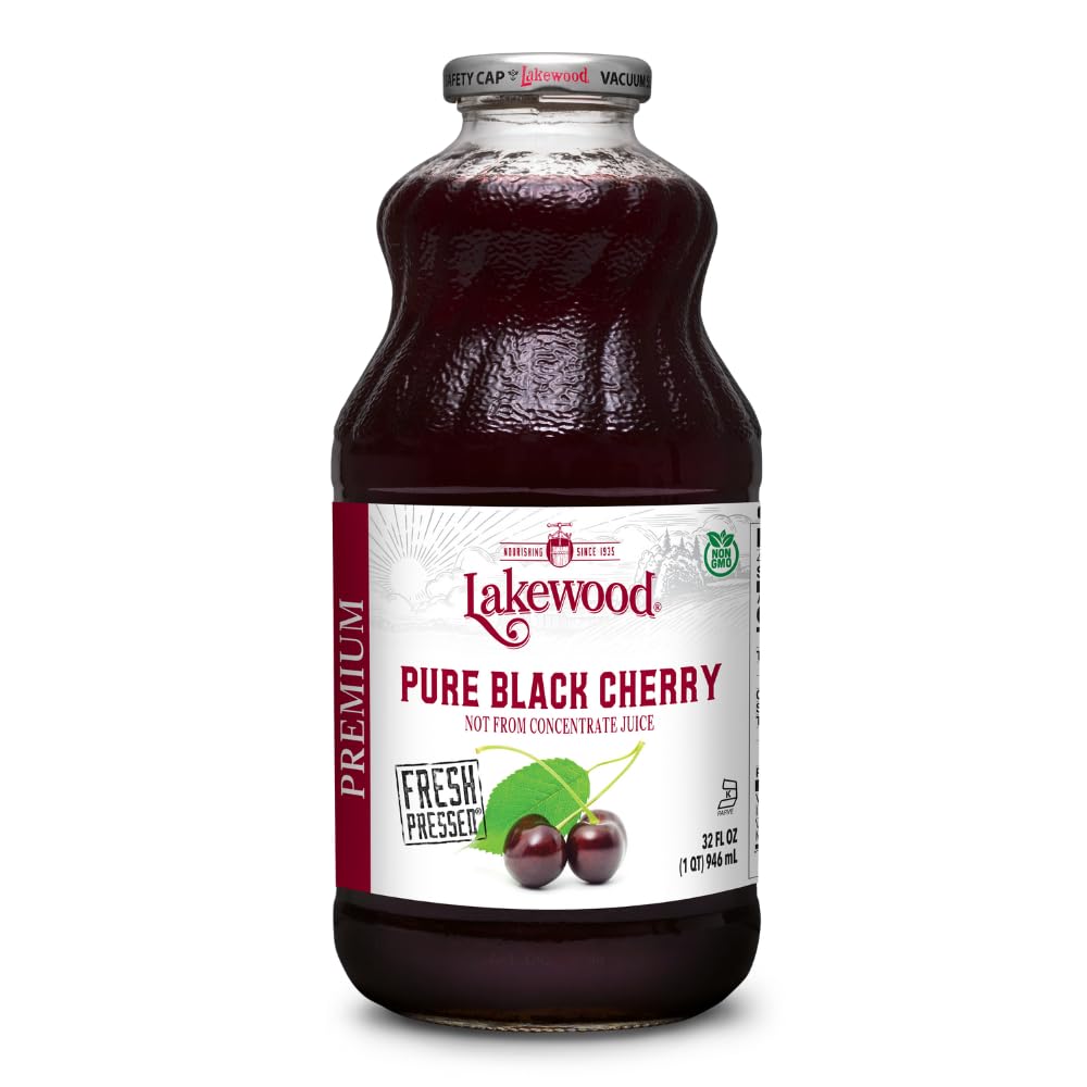Lakewood Black Cherry Pure bottle on the counter highlighting 100 percent juice quality and packaging.